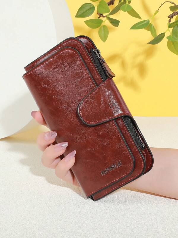 Cartera larga de mujer de cuero mate vintage estilo europeo y americano, con tres pliegues, múltiples ranuras para tarjetas de crédito, cierre de cremallera y broche, billetera para teléfono