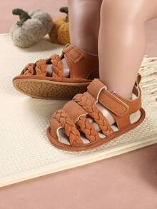 1 par de zapatos para bebé con diseño de rayas tejidas, sandalias planas simples y versátiles, adecuadas para el verano - Marrón - Ver 4