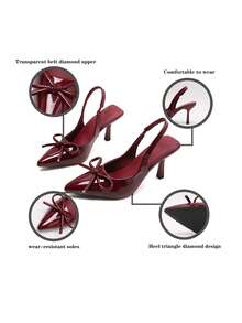 Women's Spring/Summer New Solid Color Elegant Pointed Toe Chunky Heel High Heel Sandals, Suitable For Commuting, Nightclub, Party, Wedding, Outdoor Activities. Made Of Shiny PU Material, With Buckle Strap, Available In Burgundy Red, Black, Red, Can Be Matched With Various Dresses - Burgundy - View 5
