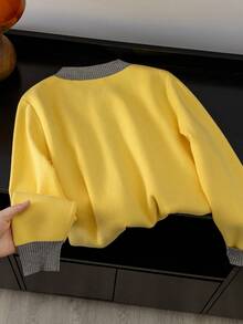 Autumn/Winter New Cardigan Round Neck Knit Top, Colorblock Multi-Color, Vibrant And Eye-Catching. Soft And Skin-Friendly Fabric, Loose Casual Fit, Youthful And Age-Reducing, Wear Alone For Energetic Look, Easily Create Fresh Vintage. - Ginger - View 3