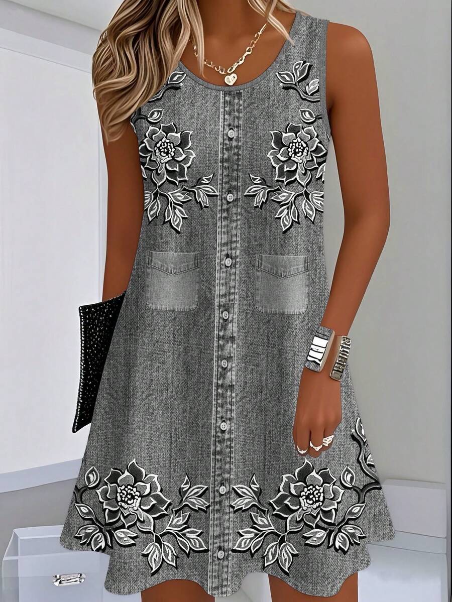 Summer Dress With Color Gradient And Plant Print, Vintage Style, Sleeveless, Loose And Flattering Cut. - Grey - View 1