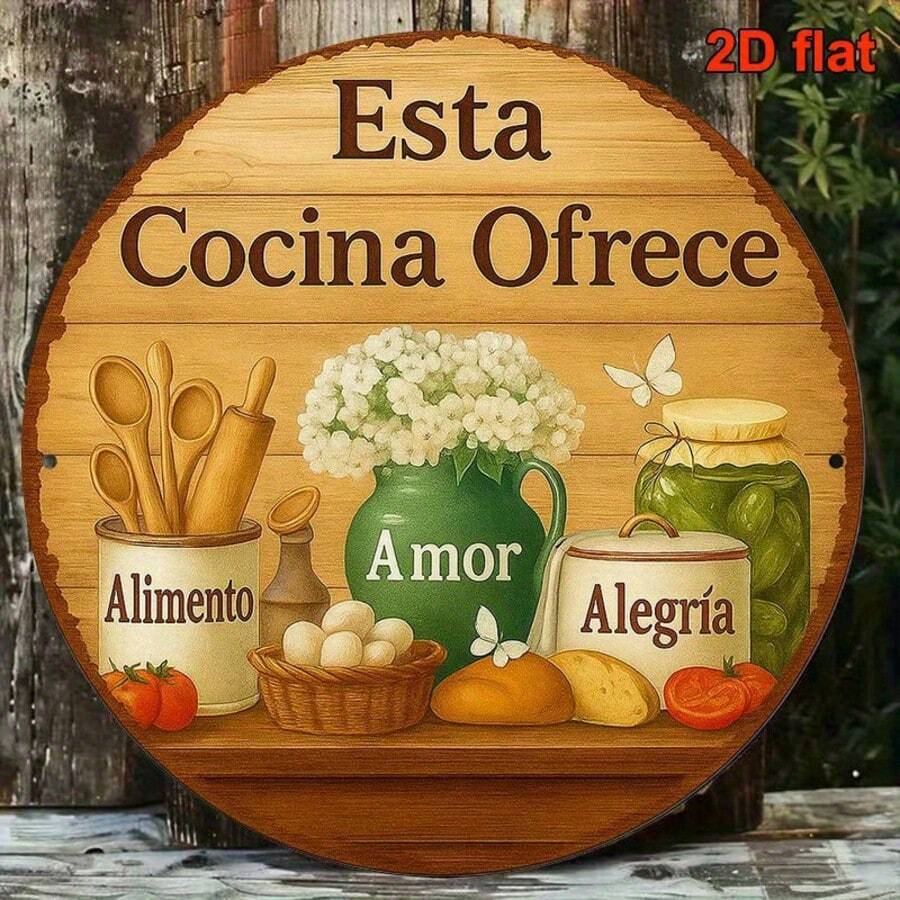 1pc 2D Flat 8*8 Inch Round French Sign, Vintage Kitchen Decorative Plaque, "Food & Love" Decor Sign, Suitable For Restaurant, Kitchen, Cafe, Bar, Home Party, Bakery. Language: Spanish (Random Hole Position) - A - View 1