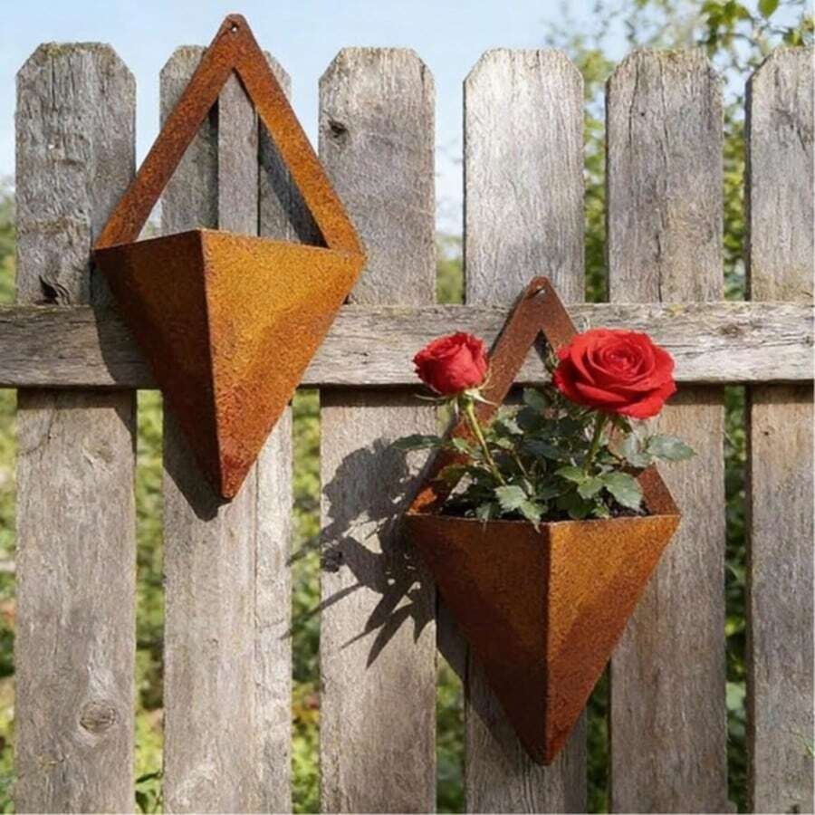 1pc Rusty Texture Triangle Rhombus Wall Hanging Planter, American Country Style Wall Decor Hanging Flower Bucket, Garden Entrance Greenery Fresh Flower Hanging Pot - Rust Brown - View 1