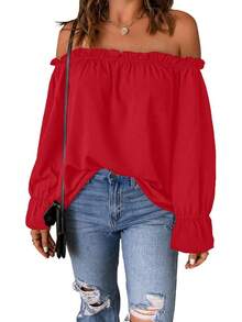 Spriolim - Blusa de gasa de manga larga con volantes y hombros descubiertos para mujer - 32 Azul Floral - Ver 11