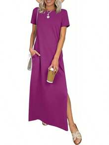 ANRABESS - Vestido largo casual de verano para mujer, manga corta, cuello redondo, dividido, sin arrugas, para viajes, playa, día festivo - Rosa - Ver 14