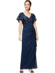 Alex Evenings - Vestido Largo para Madre de la Novia con Mangas voladas para Mujer con Cintura Imperio Fruncido (Tallas pequeñitas y Normales) - Malla azul eléctrica - Ver 19