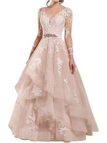 Tsbridal Vestidos de novia para mujer, línea A, cuello en V, encaje de tul sin espalda, vestido de novia bohemio - Estilo 6-Champán - Ver 9