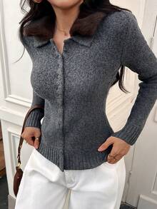 DEEKA 秋冬新款女式歐美風仿毛皮效果翻領針織毛衣外套 - 深灰色1 - 查看 8