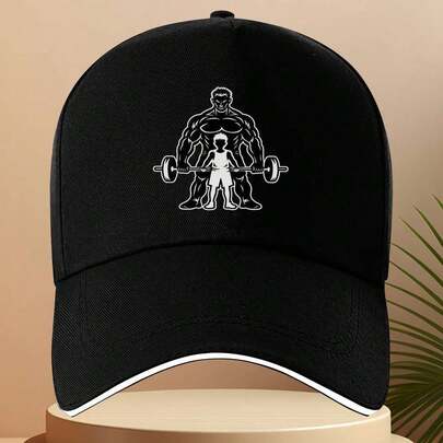 1 pieza Gorra de béisbol negra con diseño de hombre musculoso levantando pesas - Texto de herencia de poder y crecimiento, ajustable, unisex, estilo deportivo, poliéster, para entusiastas de viajes y fitness, Gorra de fitness | Gorra deportiva | Gorra duradera