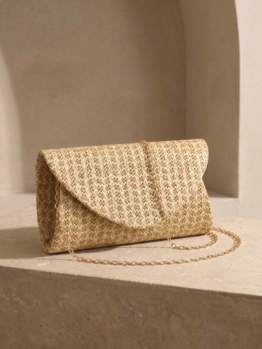 Women's Straw & Velvet Evening Bag With Chain Strap, Suitable For Beach And Formal Parties - Burgundy - View 1