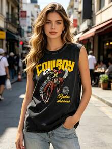 Retro Western Cowboy Sleeveless Vest Washed Cotton Breathable Fabric, Comfortable For Outdoor Wear Unisex American Street Style - 黑色 - 查看 5