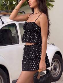 Da Jade High Waist Polka Dot Flowy Tiered Cake Skirt, Ruffle Layered Design, Fashionable Elegant Women's Clothing, Suitable For Daily Wear, Dating, Vacation And Commuting Looks - Black - View 6