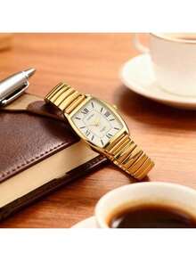 Women's Vintage Business Casual Quartz Watch - Elegant Barrel-Shaped Dial, Elastic Band, Minimalist Fashion Wristwatch For Daily Office & Daily Wear - 金色 - 查看 5