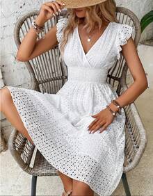 New Plus Size Summer Dress For Women: Elegant, With A Figure-Flattering V-Neck And Ruffled Sleeves. - White - View 1