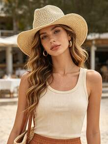 1 pieza Sombrero de paja para mujer, estilo bohemio de fibra de poliéster de moda para exteriores, nuevo estilo, ala ancha, protección solar personalizada, transpirable, unicolor, adecuado para viajes diarios al aire libre - Multicolor - Ver 3