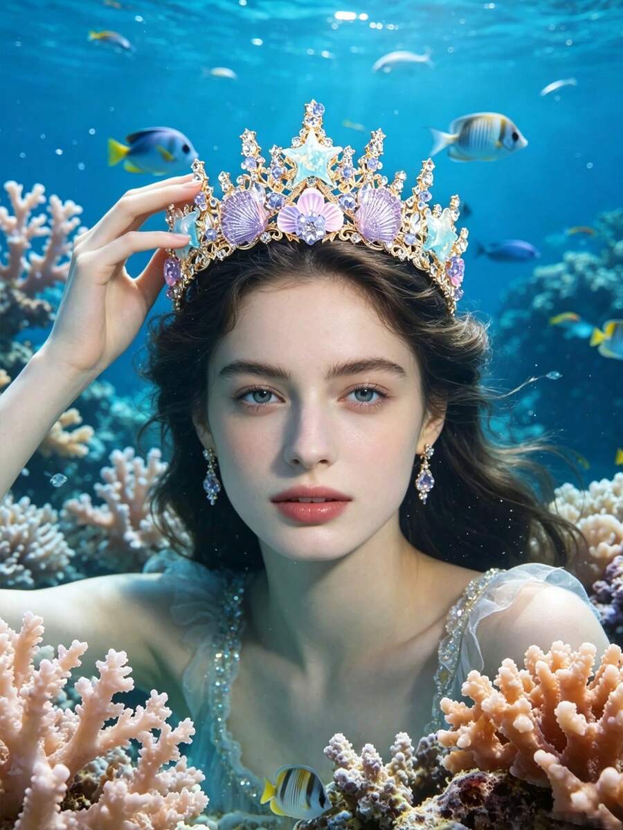 1pc Gold Mermaid Shell Starfish Hair Accessory, Ocean Crystal Shell Floral Queen Crown, Beach And Underwater Wedding Headpiece