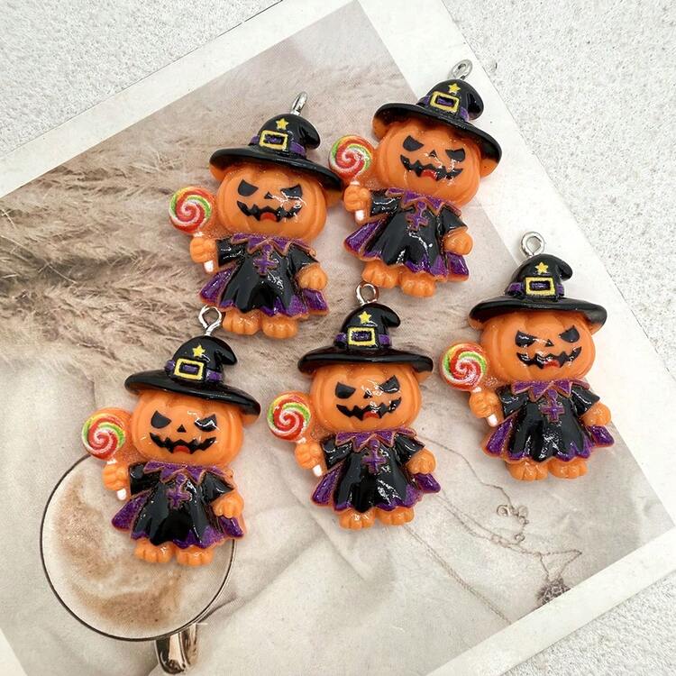 6pcs Resin Halloween Pumpkin Witch Holding Lollipop Pendants, Suitable For DIY Jewelry Making, Perfect For Party Accessories, Earrings, Necklaces, Bags - Black Hat Pumpkin Wizard Pendant - View 5