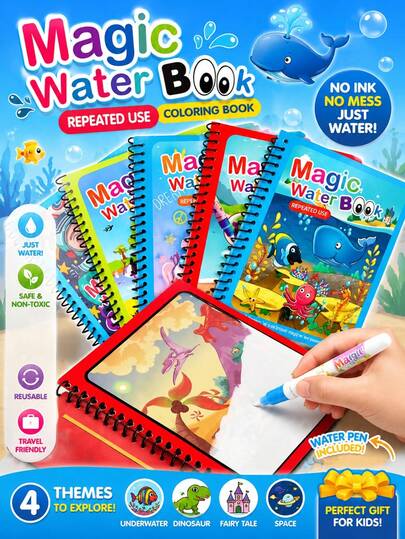 8套兒童神奇水彩繪畫書，可重複使用的兒童神奇水彩繪畫書，神奇著色繪畫套裝，兒童教育，兒童藝術，兒童繪畫，提高兒童教育和可重複使用的著色水彩繪畫（筆和繪畫書邊緣顏色隨機）辦公室、學校、繪畫、學生、麥克筆、文具、學校用品、水彩、兒童禮物、兒童生日禮物、兒童節日派對生日禮物