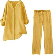 onjunto de verano de 2 piezas para mujer, tallas grandes, conjuntos de lino de algodón, cuello en V, blusa abotonada, camisetas de gran tamaño, camisetas de manga larga y pantalones casuales - Amarillo-02 - Ver 5