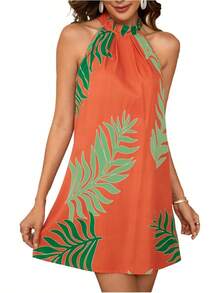 - Vestido corto sin mangas con estampado floral para mujer, cuello halter, línea A - rosado y anaranjado - Ver 25