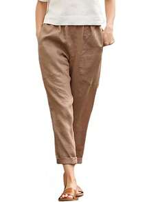 Pantalones Capris Genéricos para Mujer de Algodón y Lino, Pantalones Holgados de Talla Grande para Mujer de Lino y Algodón, Pantalones de Lino para Mujer de Talla Pequeña - Café - Ver 1