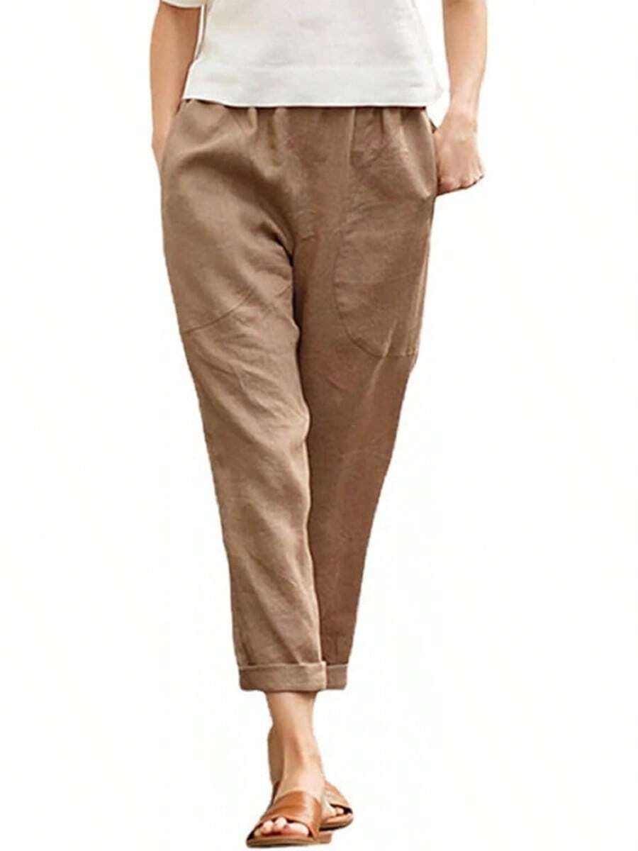 Pantalones Capris Genéricos para Mujer de Algodón y Lino, Pantalones Holgados de Talla Grande para Mujer de Lino y Algodón, Pantalones de Lino para Mujer de Talla Pequeña - Café - Ver 1