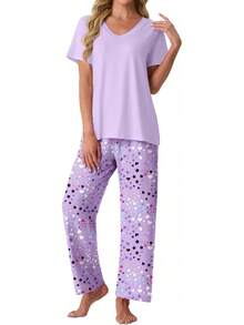 PrinStory - Conjunto de pijama suave de 2 piezas para mujer, conjunto de pijama casual de manga corta con bolsillos - Cuadros marrones y blancos - Ver 1