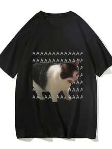 Camiseta casual cómoda lavable a máquina con estampado divertido de gato triste y llorando, meme de moda  hombres y es - Blanco - Ver 1