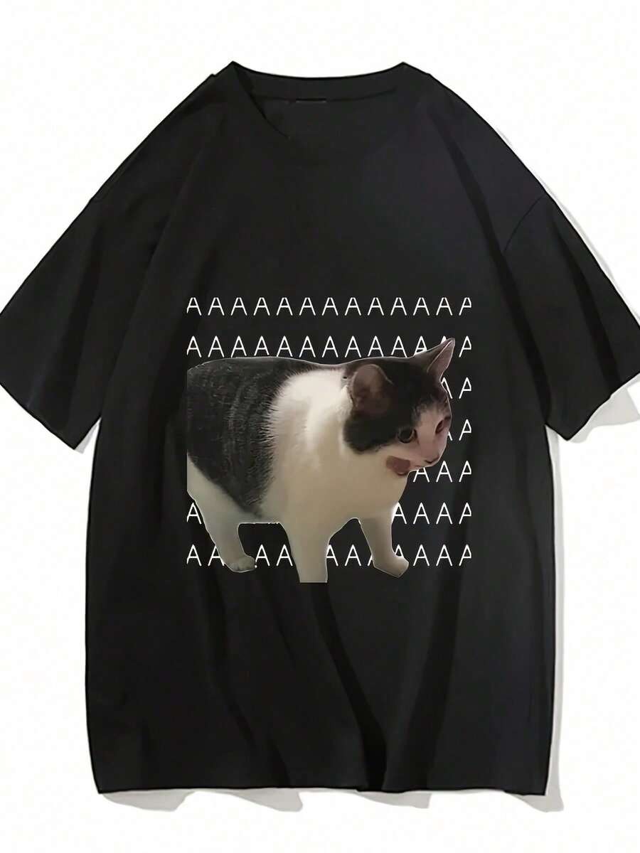 Camiseta casual cómoda lavable a máquina con estampado divertido de gato triste y llorando, meme de moda hombres y es - Blanco - Ver 1