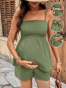 2-Piece Set Of Ruffled Tank Top And Solid-Color Shorts For Maternity, Casual Wear And Summer Vacation - Green - View 1