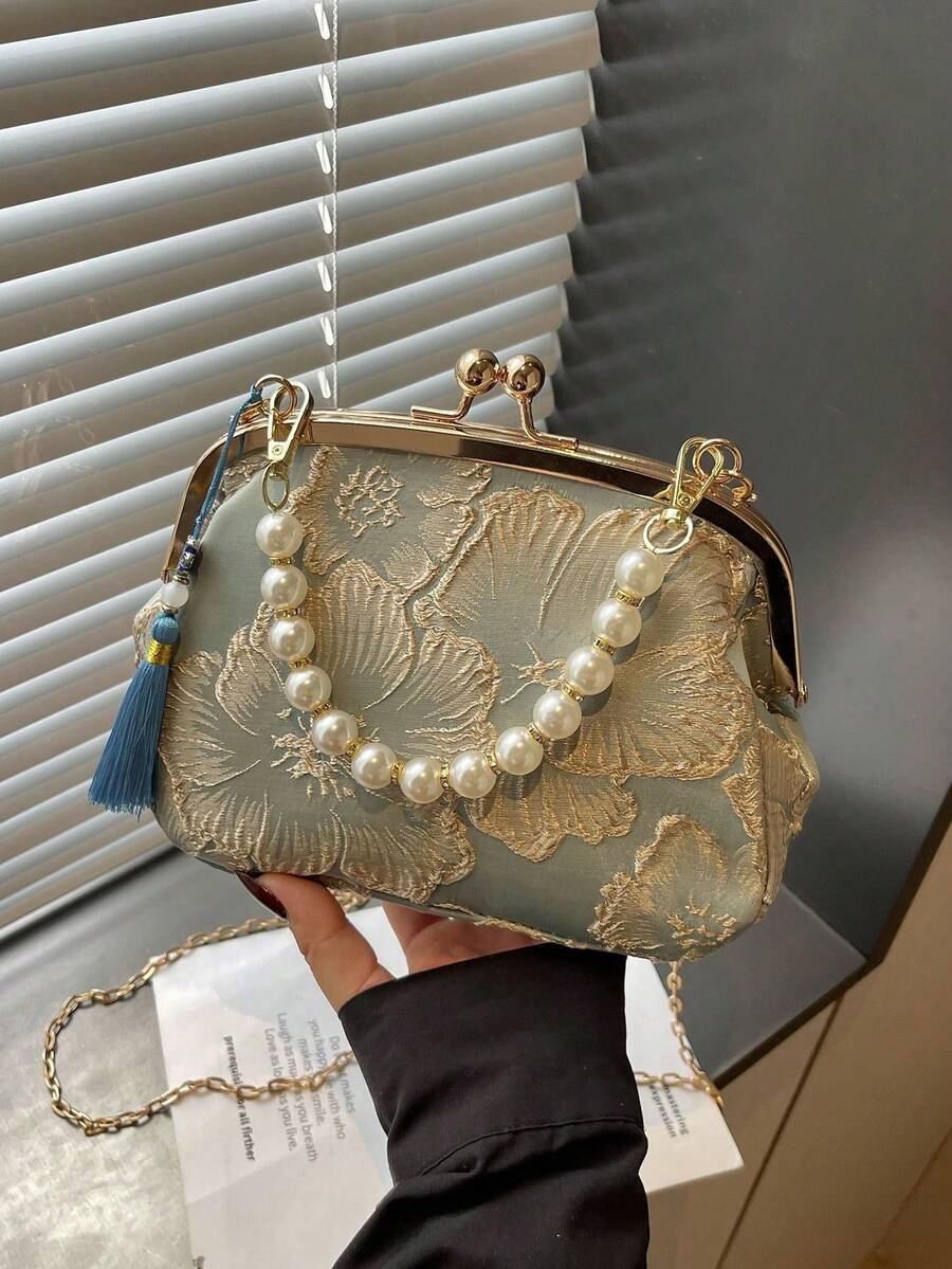 Bolso de mano elegante de mujer con bordado de cuentas y flecos, estampado floral, embrague, adecuado para de noche, boda, banquete, regalo para el Día de la Madre, dama de, San - Bronce - Ver 1