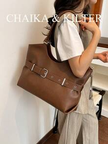 CHAIKA & KILTER 1pc Solid Color PU Fabric Tote Bag, Women's Vintage Fashion Shoulder Tote Bag, Dual Handle Design, Zipper Closure, Strap Decoration, Suitable For Daily And Street Use - Brown - View 8