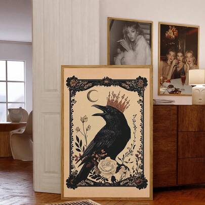1pc Canvas Wall Art, Framed Wall Decor, Vintage Crown Crow Crescent Moon Floral Canvas Wall Decoration, Dark Academia Gothic Raven White Rose Vintage Tarot Style Print, Mysterious Eerie Atmosphere Unframed Wall Art, Suitable For Modern Home Decor, Room Decor, Dorm Decor