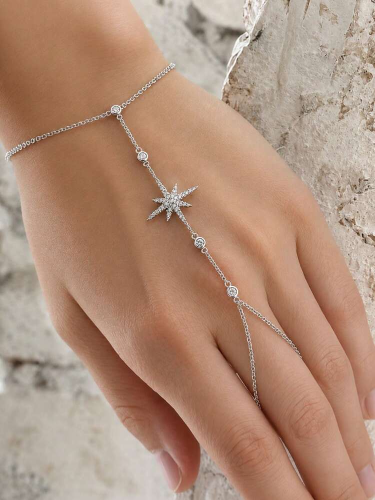 1 pieza Pulsera de dedo con estrella de strass brillante para mujer, adecuada para uso diario, fiestas y viajes - Plateado - Añade 1