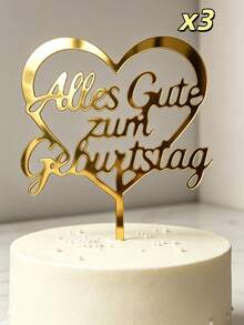 3件組 金色鏡面壓克力德文生日蛋糕插牌 Alles Gute Zum，附心形邊框、流暢手寫體字體與插棒，堅固鏡面 PMMA，適用德語區生日蛋糕裝飾 - A - 查看 8