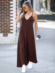 Women's Long Dress 2026, V-Neck, Sleeveless, Solid Color, Simple, Casual And Elegant. - Brown - View 6