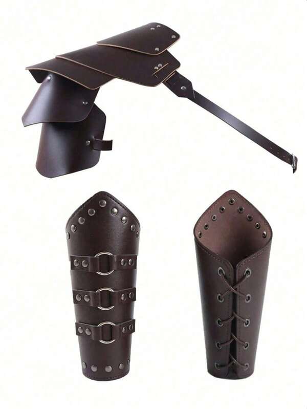 1PC/2PCS Men's Medieval Knight PU Leather Arm Guards Warrior Gladiator Samurai Gothic Rivet Shoulder Armor Arm Band Set Halloween (One Size Is Single Shoulder Armor)