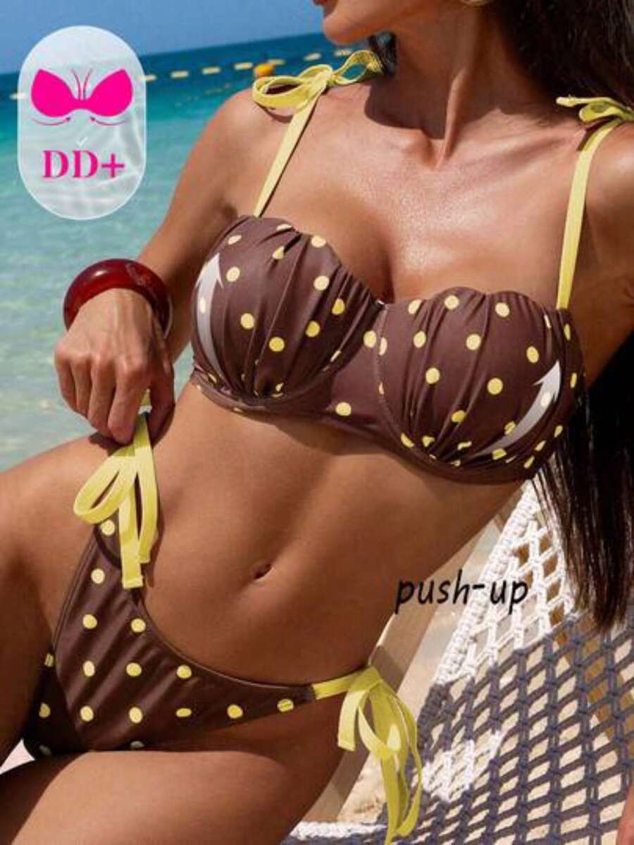 Voyashape Conjunto de bikini con sujetador con aros y relleno con forma de concha, tirantes y anudado en la cintura para mujer, estilo sexy talla DD+ - Marrón - Ver 1