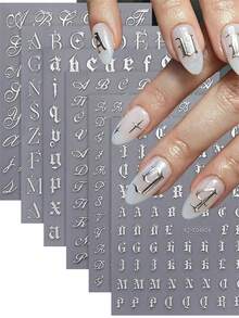 6pcs Mixed 3D Bronzing Silvery English Letters Nail Art Stickers Metallic Silvery Gothic Alphabet Artistic Letter Nail Decal Self-Adhesive Retro Silvery Letter Manicure Slider - Silver - View 3