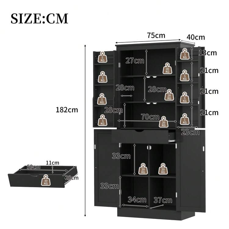 Kitchen Cabinet, Multifunctional Tall Cabinet, Sideboard With Two Doors With Shelves, Storage Compartments And Interior Drawer, 182 * 40 * 75, Suitable For Kitchen, Dining Room And Living Room. - View 11