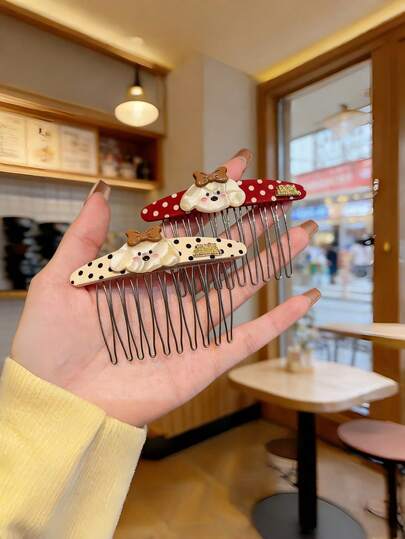 2026 Cute Puppy Glossy Polka Dot Bow Hair Comb, Princess Style Hair Clip For Women, Side Hair Clip For Loose Strands