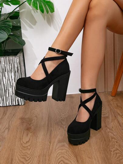 Vintage Brown Suede Cross Strap Chunky Heel Shoes, Thick Platform Gear Sole Round Toe Mary Jane Women's Shoes