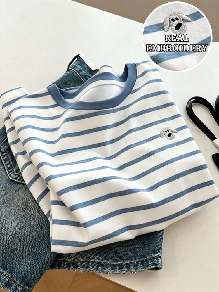 Camiseta casual holgada de mujer con cuello redondo, manga corta, rayas y bordado de perro de dibujos animados - Blanco 3 - Añade 12