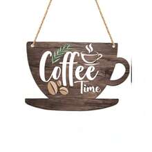Rustic Farmhouse Coffee Cup Shaped Wooden Hanging Sign, Coffee Time Coffee Bean & Leaf Print Distressed Wooden Plaque With Jute Rope, Kitchen Coffee Bar Wall Decor, Home Coffee Station Decorative Gift For Coffee Lovers - Coffee Brown - View 5