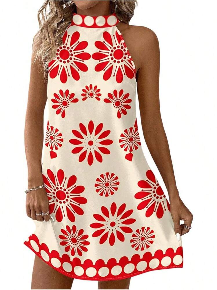 - Vestido corto sin mangas con estampado floral para mujer, cuello halter, línea A - Negro - - Añade 11