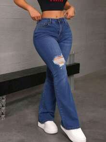 Pantalones acampanados de mezclilla lavados con roturas, cintura media, ajustados y elásticos - Azul lavado medio - Ver 3