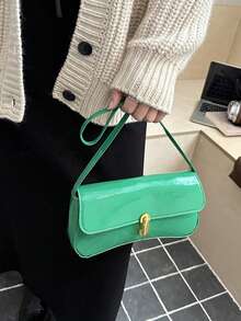 Bolso de mano y de hombro para mujer, unicolor, hebilla dorada, estilo vintage clásico, adecuado para uso diario, fiestas y trabajo - Verde - Ver 4