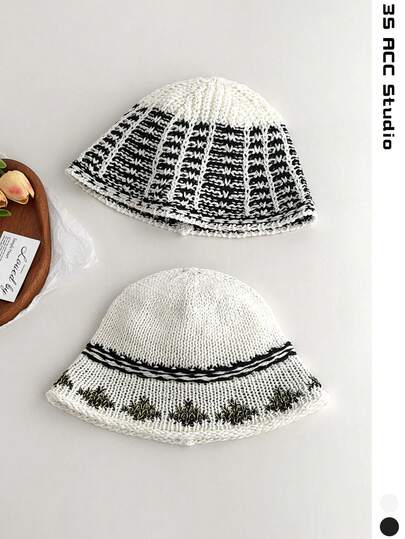 Women's Summer Vacation Jacquard Straw Beach Hat, Outdoor UV Protection Breathable Hollow Woven Bucket Hat, Wide Brim Sun Hat, Bucket Hat, Face-Slimming Versatile Bucket Hat, Large Head Circumference, Black Knitted Hat