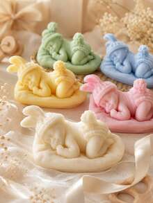 1 pieza Molde de vela de silicona 3D con bebé durmiente, molde de escultura de bebé recién nacido con gorro de punto y orejas de conejo, molde reutilizable para velas de aromaterapia DIY, jabón, resina epoxi, manualidades de yeso, regalo para baby shower, decoración del hogar y la guardería - Molde de silicona para bebé durmiendo - Ver 2