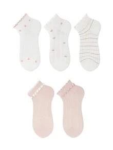 ZUJO 5 Pairs Women's Pink & White Short Socks, Floral & Striped Pattern, Suitable For Year-Round Wear, Simple & Comfortable, Random Color - Multicolor - View 5